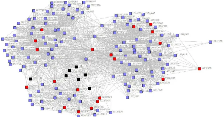 Figura 5. Rede de Relações Informais segundo os adotantes precoces (vermelho), não adotantes (azul) e não informaram (preto)
