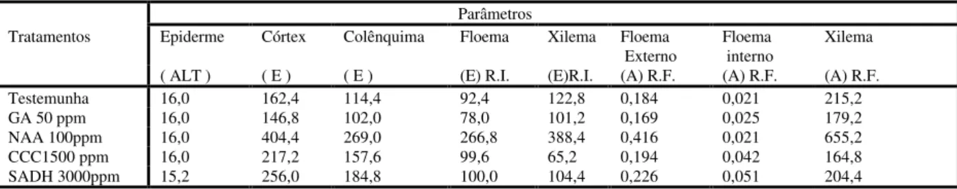 Tabela 4. Variáveis quantitativas da região mediana do caule de plantas de Lycopersicon esculentum Mill