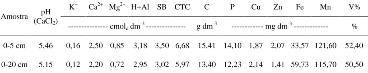 Tabela 1 – Análise química do solo utilizado no experimento nas profundidades de 0 a 5 cm e 0 a 20 cm