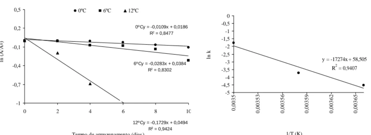 Figura 4 – Degradação de vitamina C em função do tempo sob diferentes temperaturas (A) e Gráfico de Arrhenius para o teor de vitamina C (B).