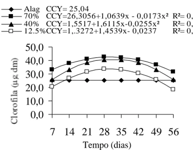 Figura 7 – Teor médio de clorofila em mudas de pau-ferro (Caesalpinia ferrea) em função de dias de tratamento e regimes hídricos.