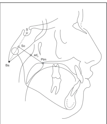 FIGURE 1 - Cephalometric tracing with the Ba, Ptm, S,  So  and  ad 2   reference  points  and  the  Ptm-ad 2 ,  ad 2 -So  and Ptm-So linear measurements.