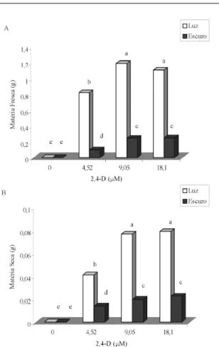 Figura  1  –  Matéria  fresca  (A)  e  seca  (B)  dos  calos  de barbatimão,  em  diferentes  concentrações  de  2,4-D,  na presença e ausência de luz