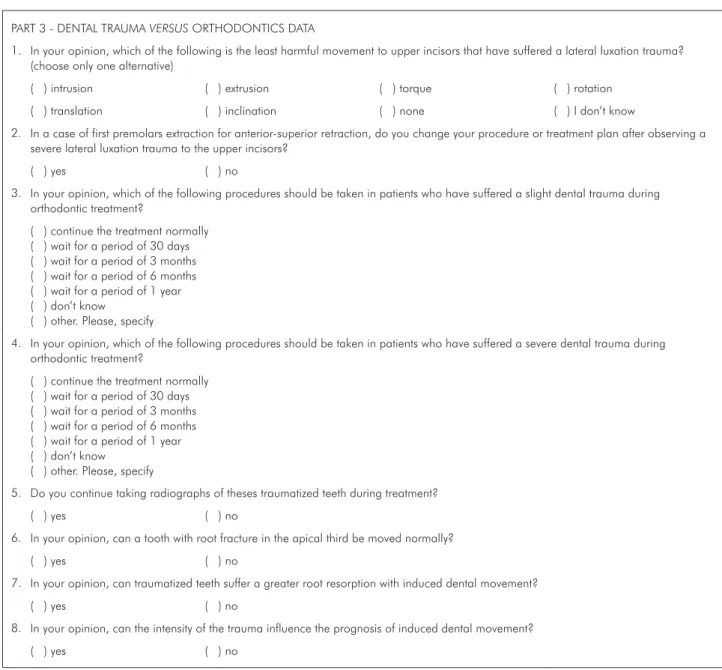 Figure 1 [continued] - Questionnaire used in the study to assess the knowledge on dental trauma and orthodontic movement  of traumatized teeth held by a group of orthodontists.