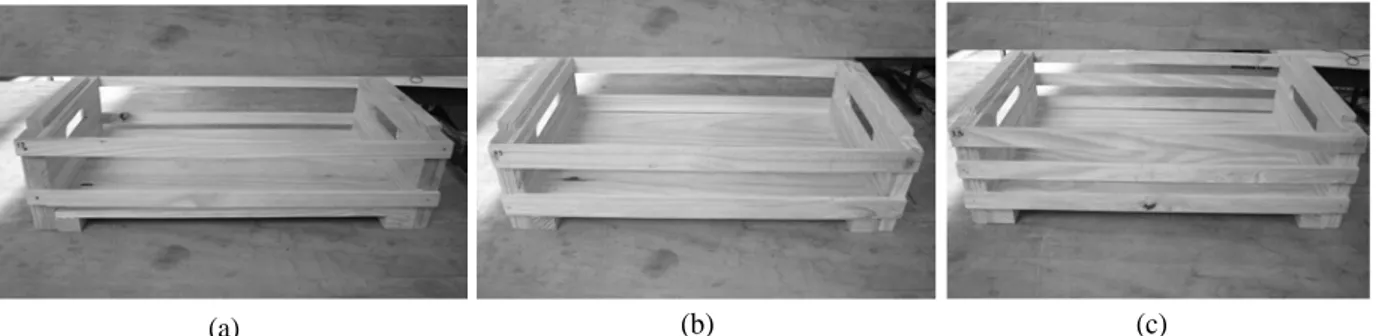 Figura 2 – Modelos de caixas de madeira. (a) modelo A (54% área efetiva abertura); (b) modelo B (36% área abertura); (c) modelo C (36% área abertura).