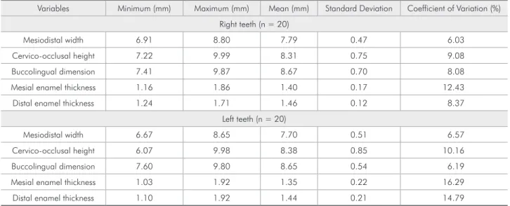 Table  2 - Comparative analysis of the measurements ob- ob-tained for right (n = 20) and left (n = 20) mandibular  sec-ond bicuspids.