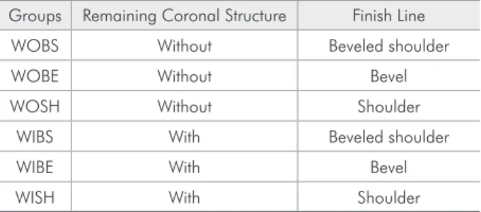 Table  1  -  Groups,  remaining  coronal  structure  and  finish  line designs of the roots.
