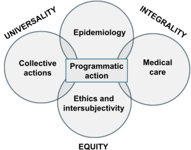 Figure  1  represents  the  conceptual  scheme  of  programmatic  action.  Collective  actions  are   inte-grated  in  healthcare,  relying  on  epidemiology  as  a  technological  support,  insofar  as  determinants  of  the  disease  must  be  coped  wit