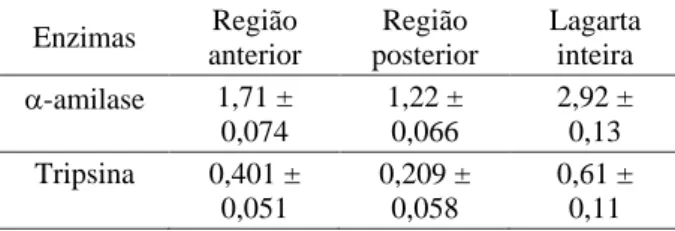 Tabela 3 – Atividades da  -amilase e tripsina em lagartas de Leucoptera coffeella. Enzimas  Região  anterior  Região  posterior  Lagarta inteira  -amilase  1,71 ±  0,074  1,22 ± 0,066  2,92 ±   0,13  Tripsina  0,401 ±  0,051  0,209 ± 0,058  0,61 ±   0,11  