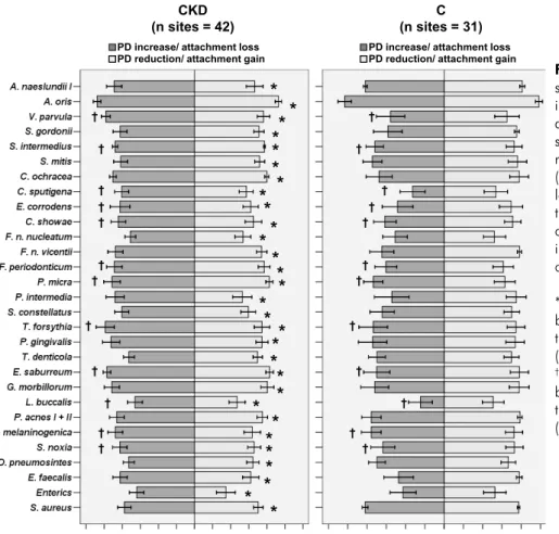 Figure 2 - Bar chart of bacterial  species that differed significantly  in mean levels (in log 10  ±  SEM)  at 3 months post-therapy between  sites that responded (pocket depth  reduction/attachment gain) or not  (pocket depth increase/attachment  loss) to