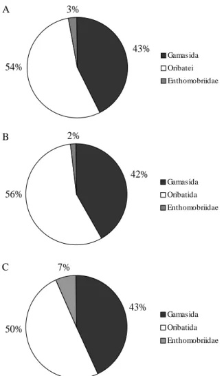 Figura  4  Porcentual  de  indivíduos  da  fauna  edáfica encontrados  nas  três  áreas  estudadas  no  período  de fevereiro a setembro de 2005