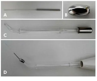 Figure 1. Adapter at the “Oto” tip of the OZY ® system: (A) “endodontic” tip, (B) adapter, (C) “Oto” tip and  (D) mounted OZ ®  system.
