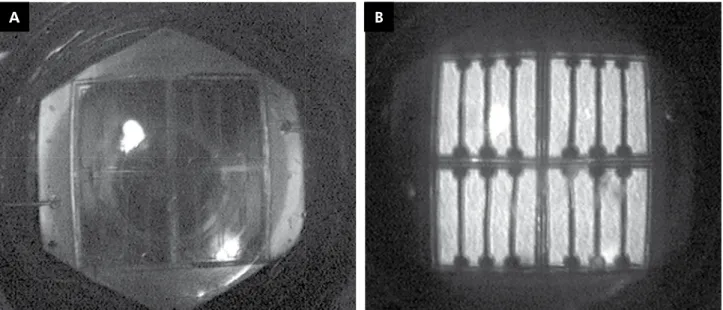 Figure 26. Second generation blue LED chip array, shown in the powered-off (A) and powered-on (B) modes.