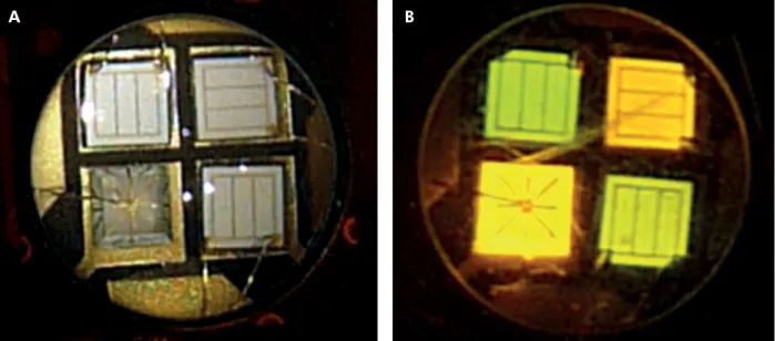 Figure 31. Image of the construction of the emitting elements in Ultradent’s VALO curing light: (a) chips off (B) chips on.