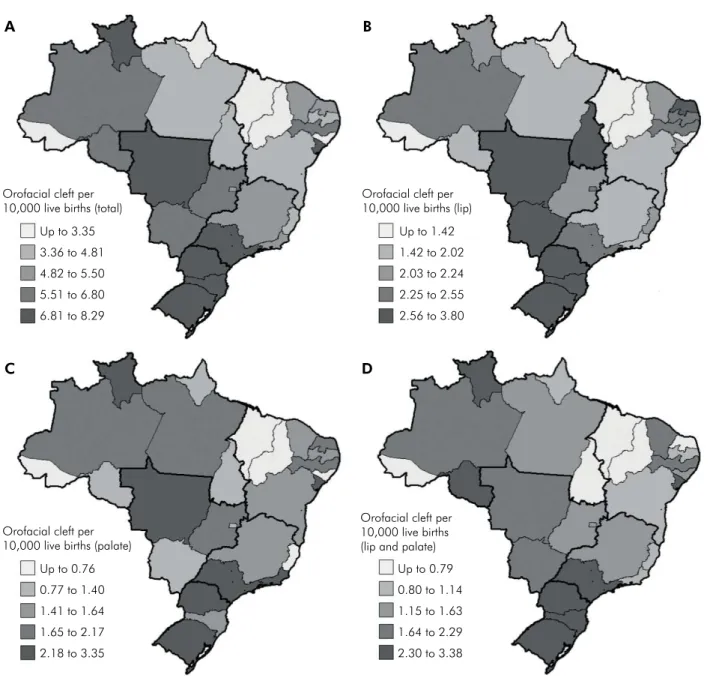 Figure 3. Spatial distribution of orofacial cleft prevalence per 10,000 live births in Brazil from 2009 to 2013.