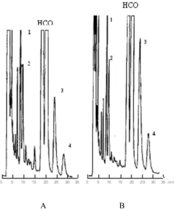 FIGURE 2-  Chromatograms of (A) incubation of microsomal  fraction of rats liver with rac-HCQ and (B) incubation of  microsomal fraction of mice liver