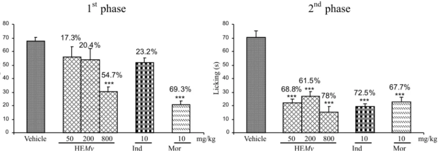 FIGURE 6 - Effect of hydroethanolic extract of M. velame on the 1 st  and 2 nd  phases of pain induced by formalin injection in mice