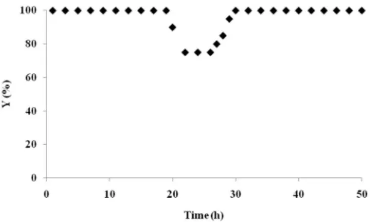 FIGURE 4  - Variation in conversion during continuous sucrose  hydrolysis catalyzed by immobilized invertase for test 13: 