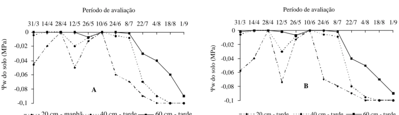 FIGURA 3   Potencial hídrico do solo ( w) avaliado pela manhã (A) e tarde (B) em três profundidades (20, 40 e 60 cm)