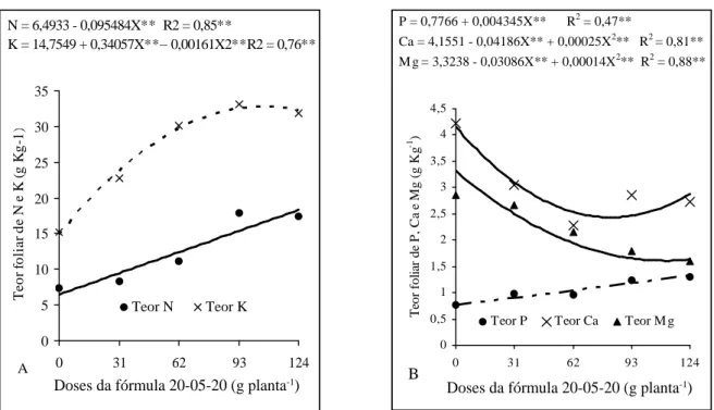 Figura 2   Teores de N, K (A) e de P, Ca e Mg (B) na matéria seca da folha  D  do abacaxizeiro  Jupi , em função das doses do adubo comercial 20-05-20 (N-P-K)