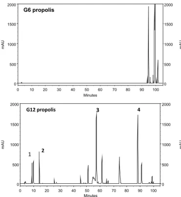 FIGURE 3  - Free radical-scavenging activity on DPPH of  the α-tocopherol, BHT and ethanolic extracts of G6 and  G12 propolis