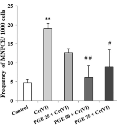 FIGURE 2  – Chromium levels present in each plasm (A), kidneys (B) and liver (C) pool of mice pretreated with PGE (25, 50 and  75 mg/kg) and exposed to a sub-lethal dose of Cr(VI) (30 mg/kg)