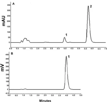 FIGURE 2  - Chromatograms of standard solutions. HPLC-UV  detection at 200 nm (A), and HPLC-Fluorescence detection at  λ ex =280 nm and λ em =310 nm (B)