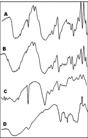 FIGURE 5  -  FTIR spectra of 5-luorouracil (A), formulation  CLH63 before storage (B), formulation CLH63 after storage  (C) and placebo formulation of CLH63 (D).