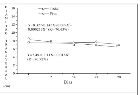 FIGURA 6  Diâmetro Transversal de tangerinas  Ponkan  em duas épocas de colheita (início e final da safra 2002) durante o armazenamento refrigerado a 5 ± 2°C e 85 ±  3% de umidade relativa, por 28 dias e analisados a cada sete dias de armazenamento.DIÂMETR