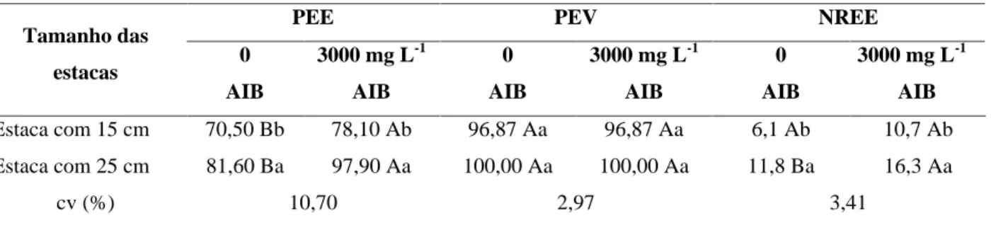 TABELA 1   Porcentagem de estacas enraizadas (PEE), estacas vivas (PEV) e número de raízes emitidas por estaca (NREE), na propagação de pitaya vermelha sem e com tratamento com AIB