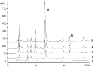 FIGURE 5  - Concentration of the related substance E during  fermentation process. A:clavulanic acid, B:the related substance  E; 1:Sterilized blank medium (0h); 2:Early stage of fermentation  (24h); 3:Medium stage of fermentation (48h); 4:Later stage of  