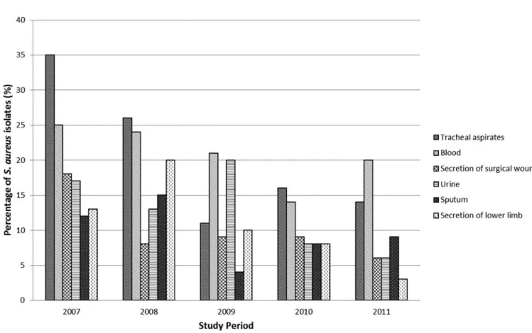 FIGURE 3  – Distribution of clinical samples with more prevalence of MRSA isolates at HUSM from 2007 to 2011.
