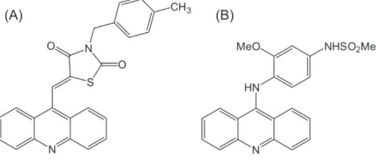 FIGURE 1  -  Chemical structures of (5-(acridine-9-yl- (5-(acridine-9-yl-methylene)-(4-methyl-benzyl)-thiazolidine-2,4-dione) – LPSF/