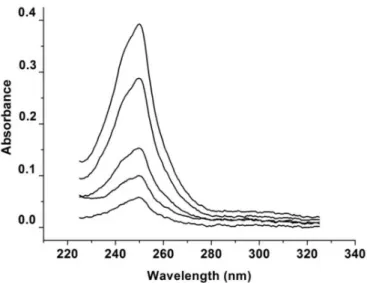 FIGURE 2  -  Scanning UV spectra of LPSF/AC04 at  concentrations of 0.3, 0.5, 1, 1.5 and 2 μg mL -1  in methanol.
