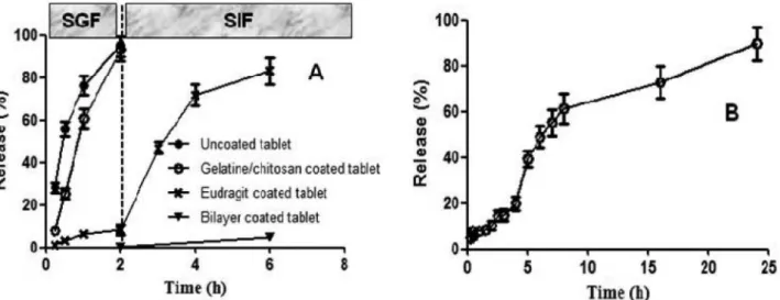 FIGURE 6  -  Dissolution proiles of uncoated tablet and gelatin/chitosan, Eudragit and bilayer-coated tablets in SGF and SIF (A),  and bilayer-coated tablet in SCF after it was tested in SGF for 2 h and SIF for 4 h (B).