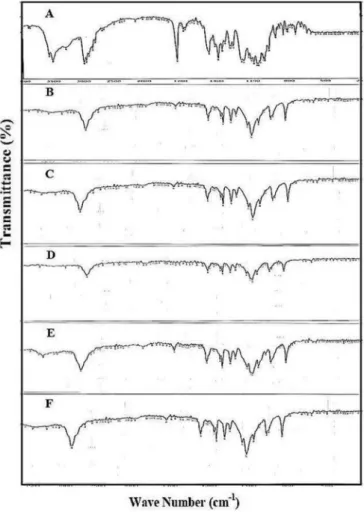 FIGURE 3  -  IR Spectra of: (A) azithromycin, (B) PEG 6000, (C)  SD9, (D) PM9, (E) SD4 and (F) PM4.