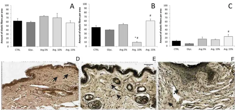 FIGURE 5  - Quantitative analysis of elastic ibers in female mouse skin. Mice from group 1 (A), group 2 (B), and group 3 (C) were  treated with vehicle (Glyc.), L-arginine at 5% (Arg