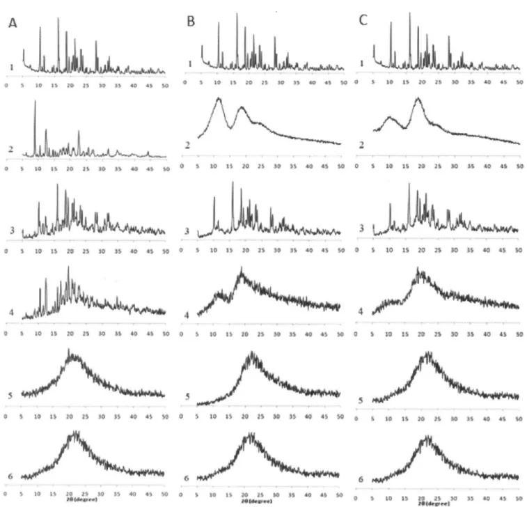 FIGURE 2  - X-ray difractograms corresponding to: (A): 1 – AMH, 2 - β-CD, 3 – AMH/β-CD/PM, 4 – AMH/β-CD/CE, 5 – AMH/β- AMH/β-CD/SD, 6 – AMH/β-CD/FD, (B): 1 – AMH, 2 - Methyl-β-CD, 3 – AMH/Methyl-β-CD/PM, 4 – AMH/Methyl-β-CD/CE, 5 – AMH/