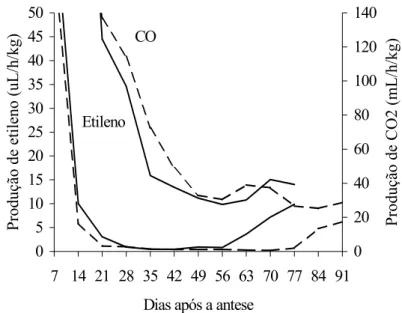 FIGURA 3 – Variação da produção de CO 2  e etileno de frutos de tomateiro cv. Santa Clara normal (⎯) e de seu 
