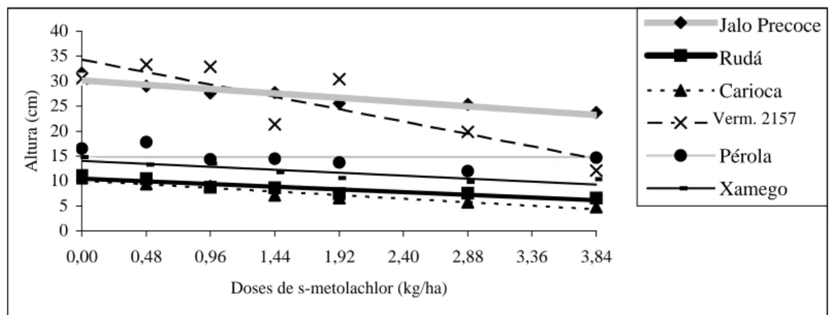 FIGURA 1   Altura (cm) de plantas de seis cultivares de feijão em resposta a doses de s-metolachlor, aos 30 DAS