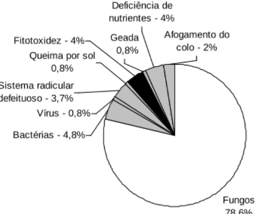 FIGURA 1  Freqüência da ocorrência de agentes etiológicos bióticos e abióticos em amostras recebidas na Clínica  Fitossanitária do DFP/UFLA, entre janeiro de 1990 e dezembro de 2001