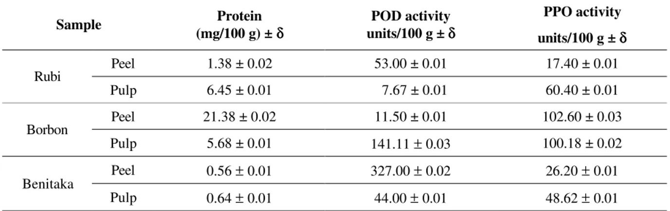 TABLE 1 – Grape protein concentration (n = 3), peroxidase and polyphenoloxidase activity on grapes
