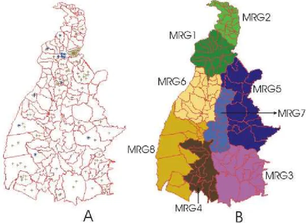 FIGURA 3 – Distribuição espacial dos imóveis regularizados [asteriscos azuis (A) e microrregiões geográficas do 