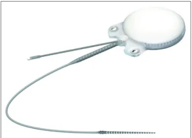 Figure 1. Internal component with receptor, stimulator, and magnet,  in a small sealed ceramic framework on a titanium base plate