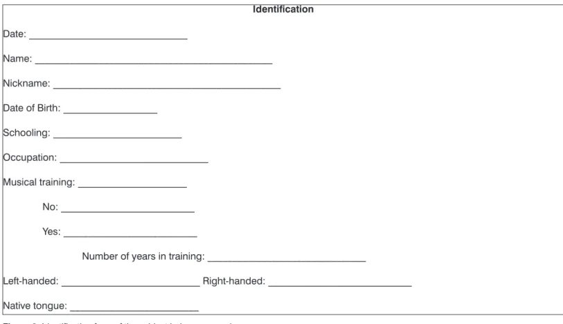 Figure 3. Identiication form of the subject being assessed. IdentiicationDate: ________________________________Name: ________________________________________________Nickname: ______________________________________________Date of Birth: ___________________S