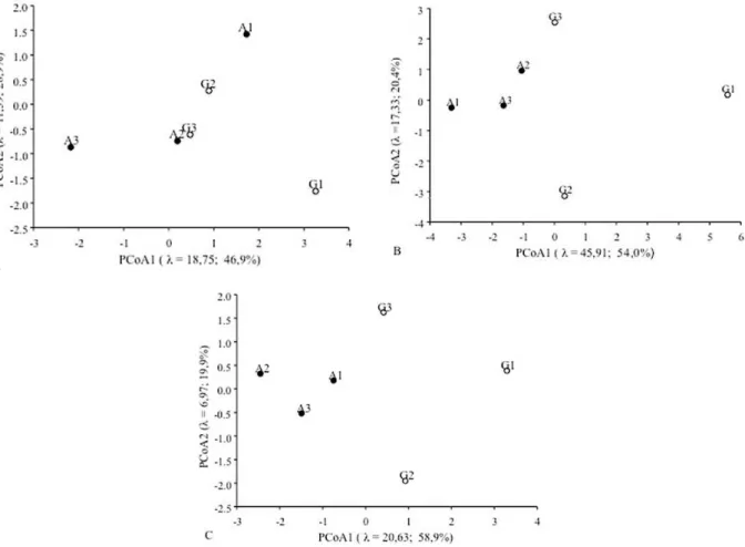 FIGURA 2: ACoP dos parâmetros fitossociológicos da regeneração natural (A), do componente arbóreo (B)  e dos atributos pedológicos (C) dos manguezais de Antonina (A1, A2 e A3) e Guaratuba (G1,  G2 e G3)