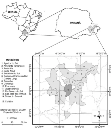 FIGURE 1: Location of municipalities in Curitiba Metropolitan Region where bracatinga stands were  sampled.