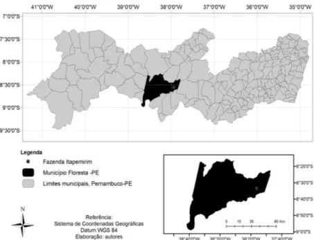 FIGURA 1: Mapa de localização do município de Floresta e da área de estudo na fazenda Itapemirim,  Pernambuco.