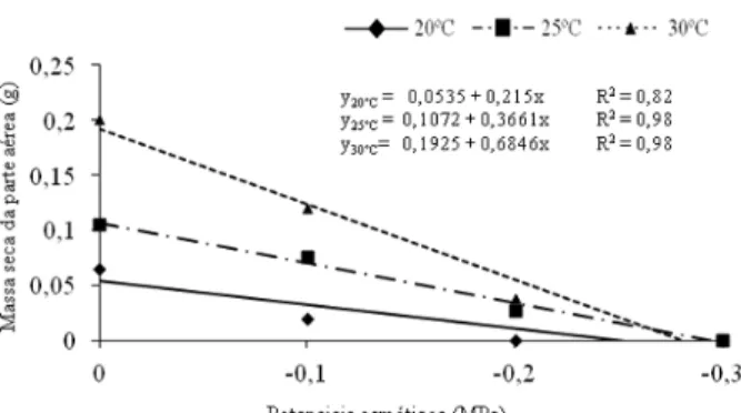 FIGURE 6: Root dry mass of seedlings from seeds  of Chorisia glaziovii subjected to water  stress at different temperatures.