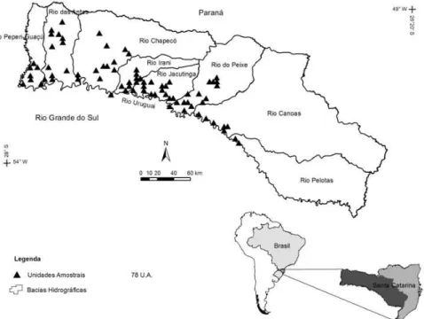 FIGURA 1:   Área de distribuição da Floresta Estacional Decidual no oeste de Santa Catarina e as unidades  amostrais (UA)  localizadas nas bacias hidrográficas dos tributários de margem direita do rio  Uruguai.